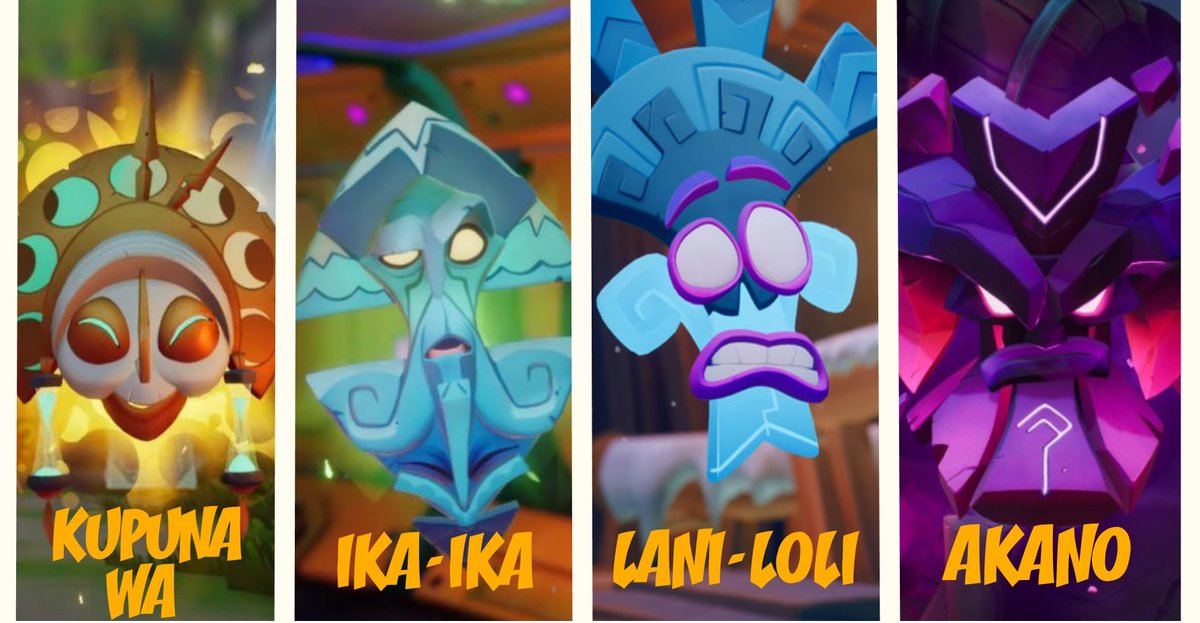 CRASH BANDICOOT CLUBHOUSE on Twitter: "A refresher on all The Crash 4 mask  abilities alongside Akano the last new masks abilities Kupuna-Wa - Can slow  down time Ika-Ika - Mask of gravity