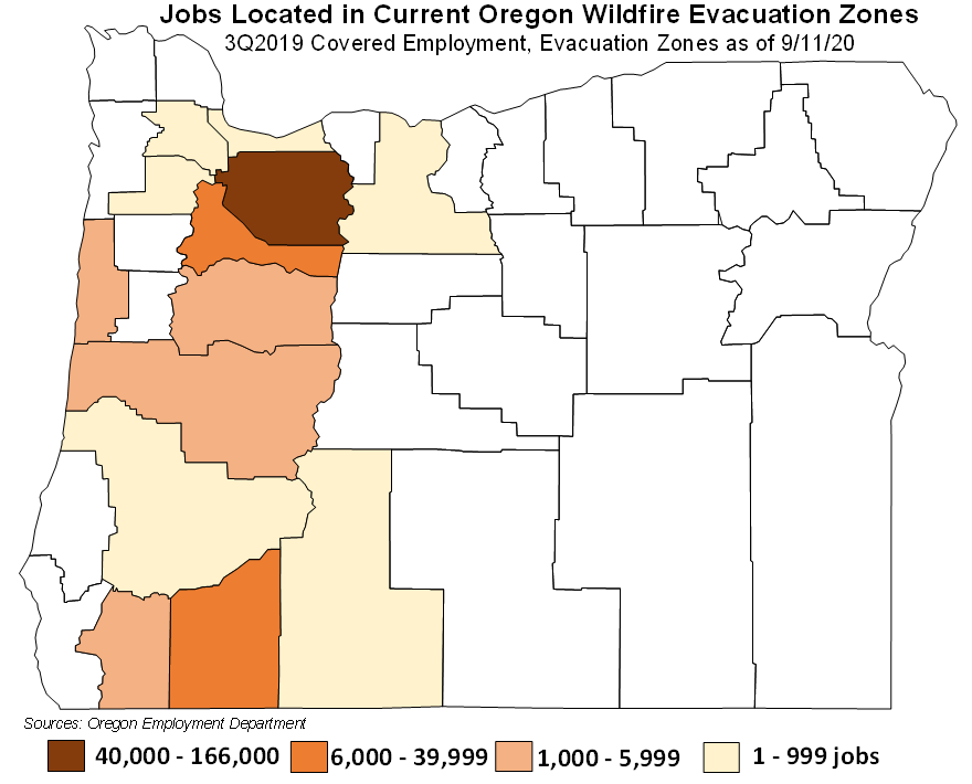 2/4 Clackamas Co. has both largest # of jobs in Level 3 wildfire evacuation areas (10,000) and across all evacuation levels (166,000). Jackson jobs at all levels total 37,300, with 4,000 in Level 3. Marion has 3rd highest in all (13,100); Lincoln 3rd highest in Level 3 (2,100).