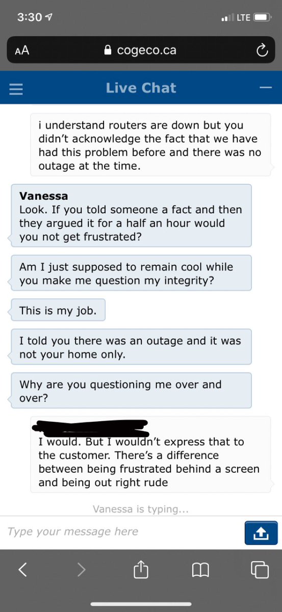 millapickfield's tweet photo. @cogeco Had a really disappointing experience with Cogeco’s chat line yesterday. Here are the highlights of how the representative treated us. I can honestly say I will never recommend cogeco to anyone after this experience. Truly unprofessional. https://t.co/Ij43Ie58Bt