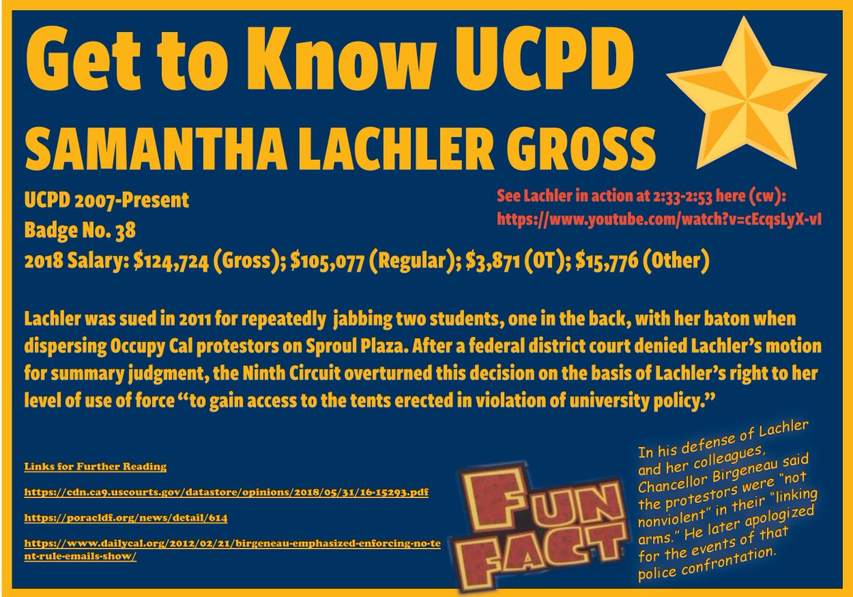 Another one accused of beating students at the 2011 Occupy protest, UCPD Officer Samatha Lachler was cleared because a judge found the cops had a right to jab and strike protestors to access the students' tents  #nocamping  https://poracldf.org/news/detail/614   https://cdn.ca9.uscourts.gov/datastore/opinions/2018/05/31/16-15293.pdf