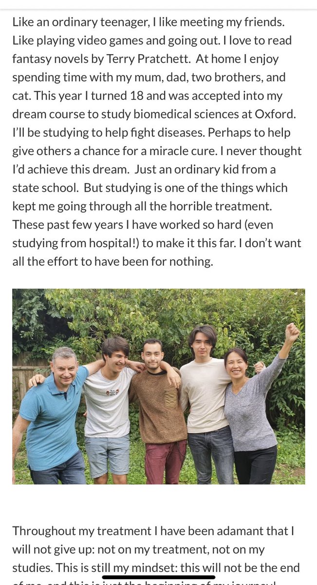 yoookd's tweet photo. Any helps letting Alviar go to Oxford Uni next year? 17 yo Londoner suffering from an incurable Leukaemia needs £500k to get special CAR-T treatments in Singapore. Amazingly he raises £242k in 2days, still needs another half. No time left. #journorequest https://t.co/7zVi4i0Oz9 https://t.co/SLEebH7QpO