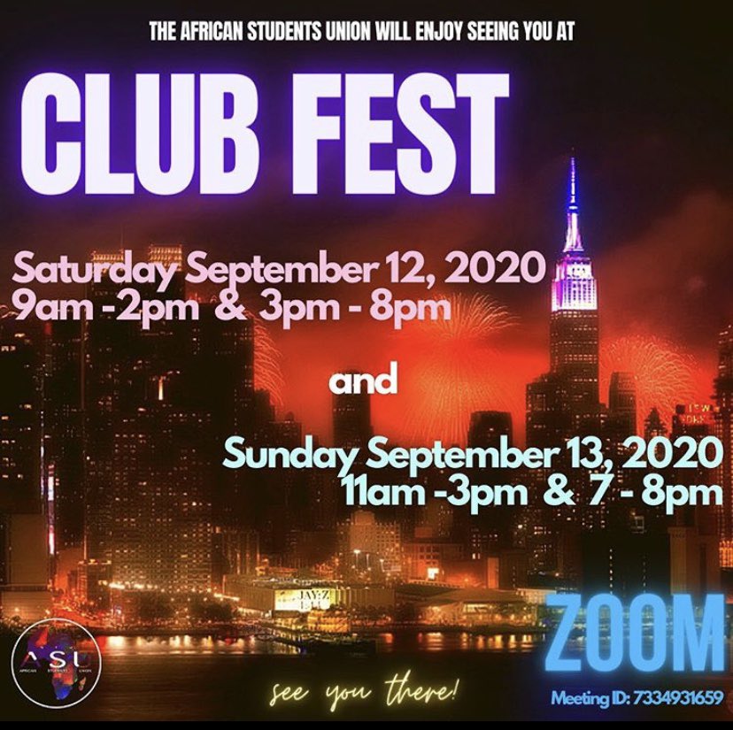 asu_nyu's tweet photo. Wassup everyone!!! Just wanted to let you all know that ASU will be at club fest on Saturday 09/12 and Sunday 09/13. Expect to see you all there! Let’s kick off the semester with ANOTHER BANGER 💜 https://t.co/lCoOj8xvQj