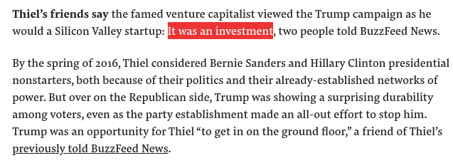 Hmm, the white nationalist-linked Facebook board member whose surveillance tech company literally directly profits from border fearmongering considered Trump an investment.