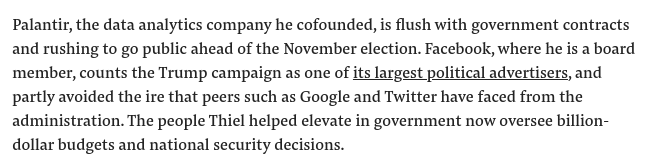 Hmm, the white nationalist-linked Facebook board member whose surveillance tech company literally directly profits from border fearmongering considered Trump an investment.