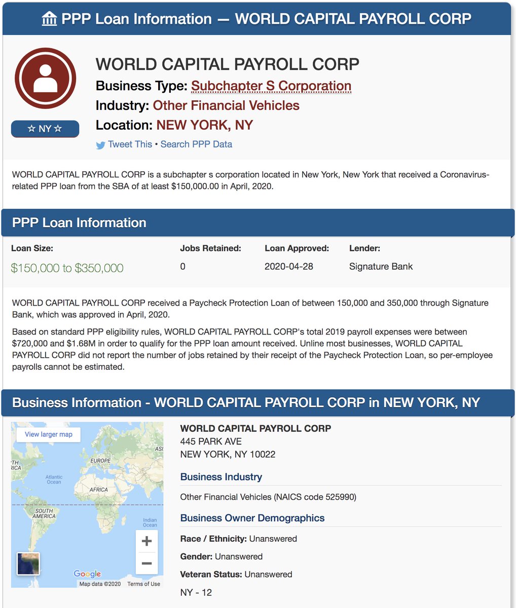 PPP database shows World Capital Payroll Corp (an S-corp) received a loan of $150,000 to $350,000 on April 28, 2020 from Signature Bank, based on 2019 expenses of $720,000 to $1.68M, the address is 445 Park Ave445 Park Ave is address of Giuliani Partners https://www.federalpay.org/paycheck-protection-program/461953-world-capital-payroll-corp-new-york-ny