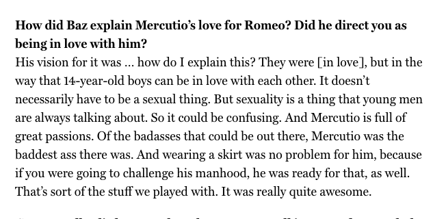 The ultimate question: Is Mercutio in love with Romeo? Here’s how Harold explained their relationship: