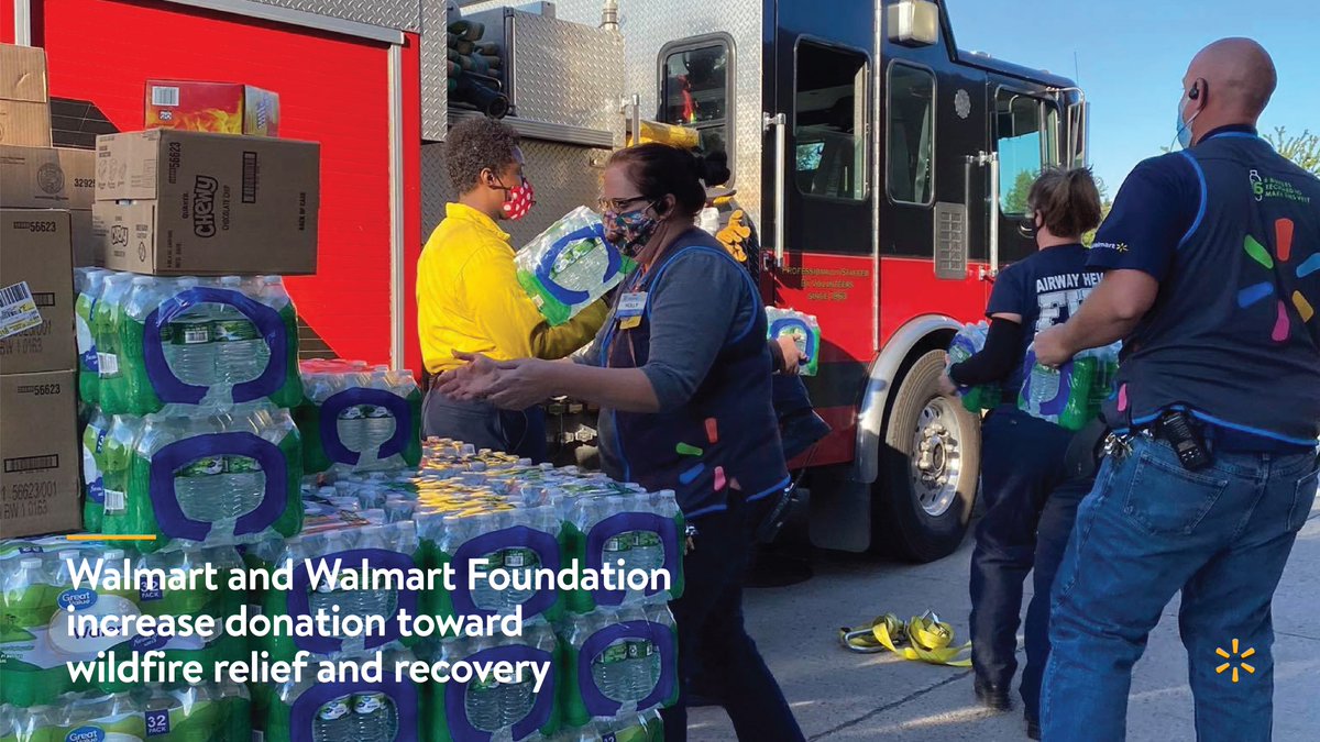 As fires continue to rage in WA, OR &amp; CA, we’re there to support the communities where we live and work. Walmart &amp; <a href="/WalmartOrg/">Walmart.org</a> have increased our commitment to the wildfire response to $1M and are proud to stand with <a href="/RedCross/">American Red Cross</a> and <a href="/SalvationArmyUS/">Salvation Army USA</a> to provide needed aid.