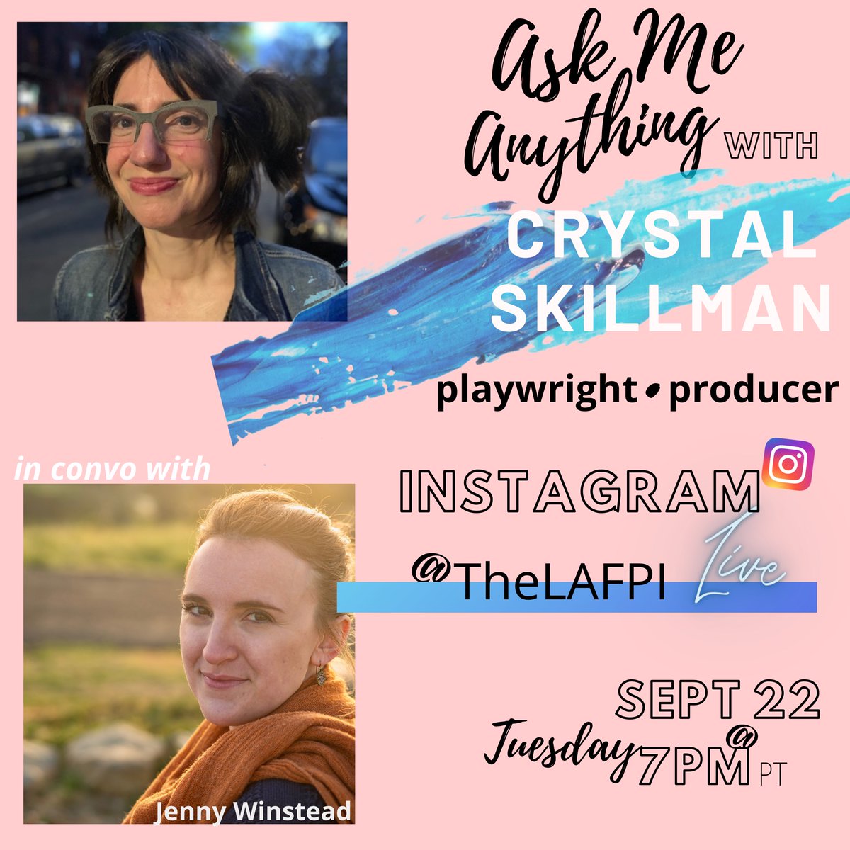 TheLAFPI's tweet photo. 📢 TOMORROW @ 7pm!
So excited for our #AMAWomenWrite chat with playwright & producer @CrystalSkillman -- join us over on Instagram and bring your Qs for Crystal about her path as a badass writer! https://t.co/YAzF60QAM7