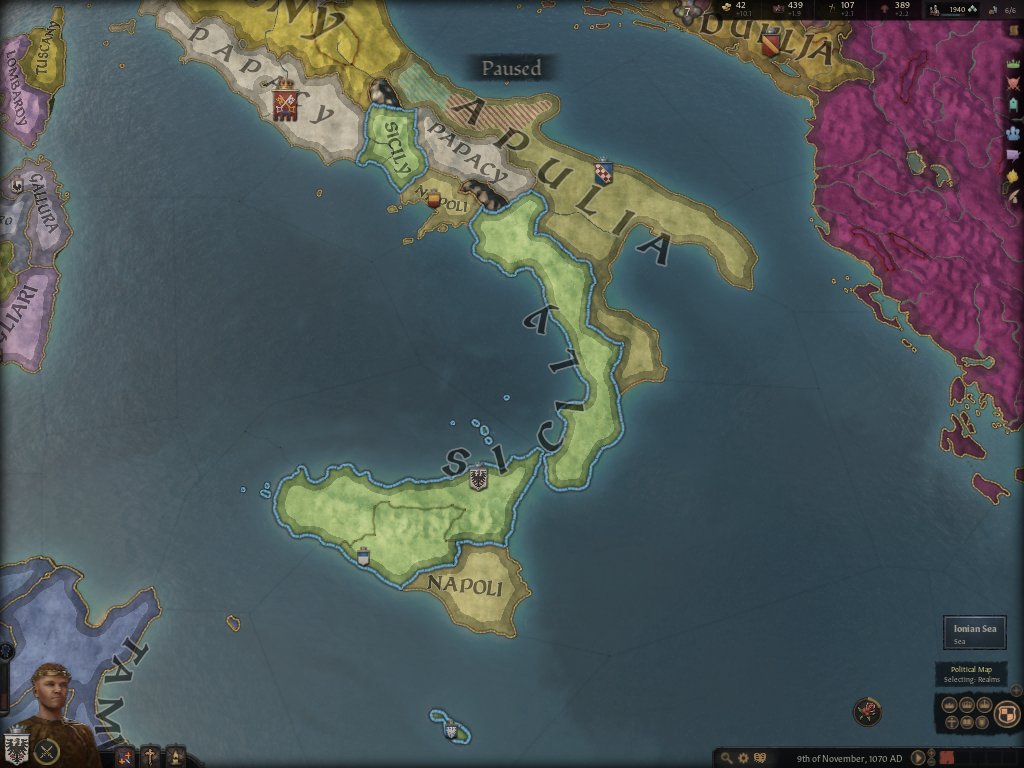 45. But I could declare holy war on that heretic Lollard, the Duke of Capua, and seize his lands, which I did. So I wouldn't get overstretched, I granted the country of Agrigento to my bastard son Jordan, as my vassal.