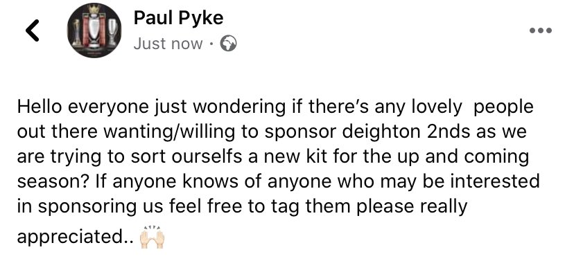 Share please Thanks in advance looking for sponsor for upcoming season for deighton 2nds