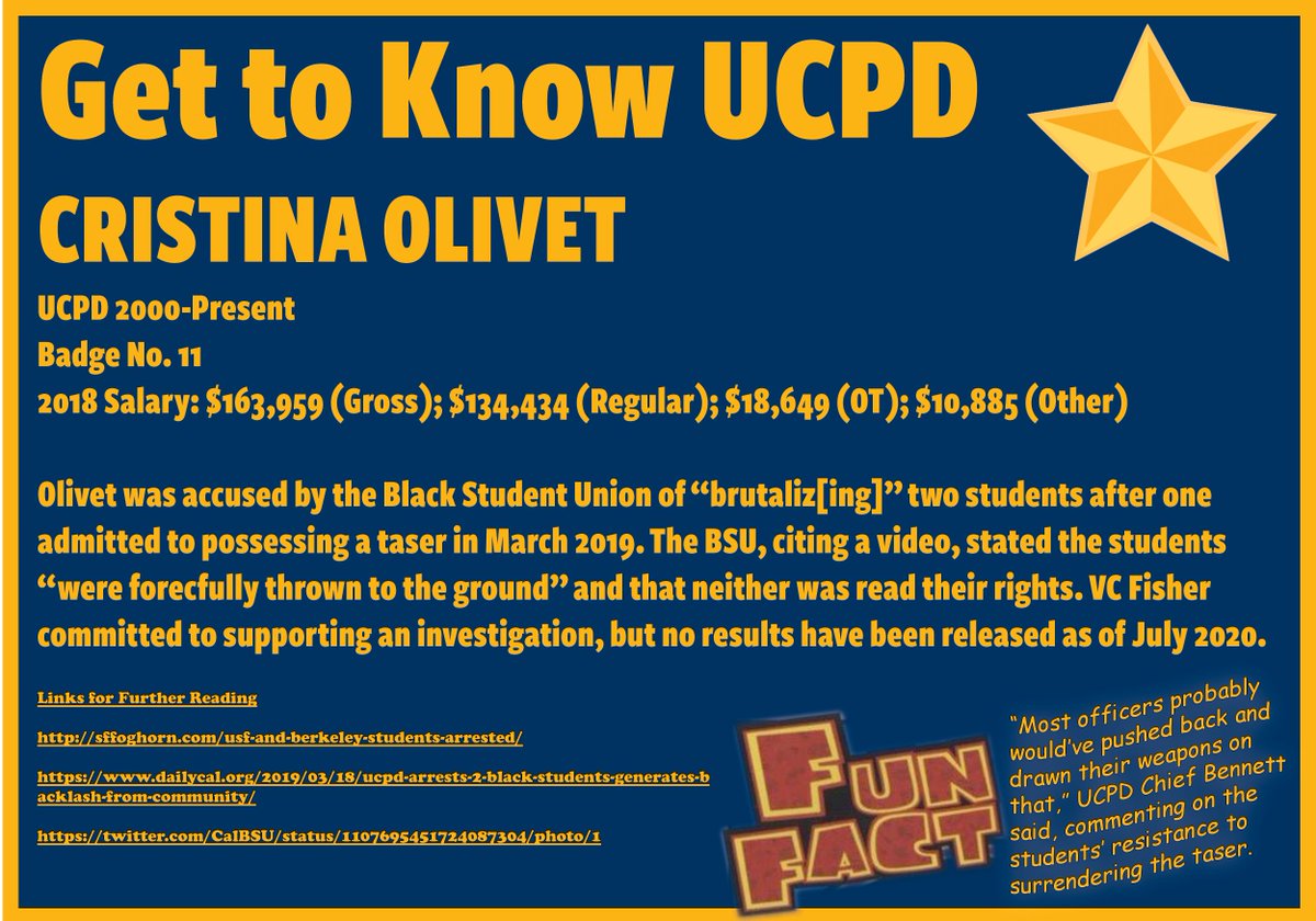 Sgt. Cris Olivet, accused in 2019 of exerting excessive force on two Black students and failing to read them their Miranda rights after an arrest. 1.5 years later, UCPD mum on promised investigation.  #acaberkeley