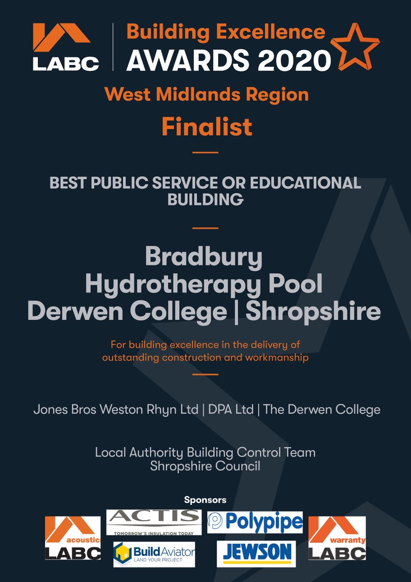 DerwenCollege's tweet photo. Derwen College was named finalist in the #labcawards for our #hydrotherapypool. We were very proud to be one of an impressive shortlist of community projects. Well done to winners @KeeleUniversity. Thanks to @dpaltd #SPProjects #JonesBrothersWestonRhyn. https://t.co/BYAfNVmlM7 https://t.co/lKTePChMWO