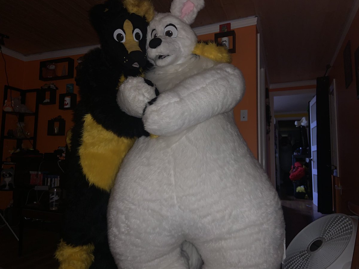 Happy #FurryFriday  here’s a photo from a few months ago with me in a big bolt plushie and being hugged by an adorable <a href="/Kobee_pup/">️Kobee Barky Pup</a>. 📸 <a href="/ToySergal/">C2883 ➡️ toysergal.bsky</a>. ✂️@G_S_Y_fursuits