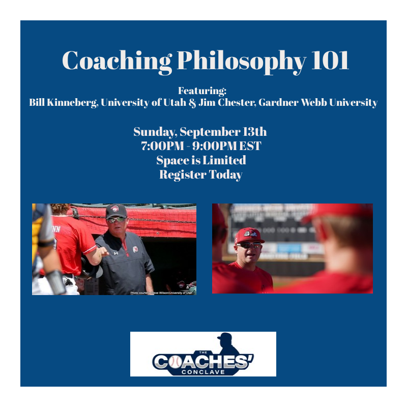 Sunday night is going to be 🔥! Come &amp; talk coaching philosophy with <a href="/utahbaseball/">Utah Baseball</a> HC, Bill Kinneberg &amp; <a href="/GWUBaseball/">Gardner-Webb Baseball</a> HC <a href="/CoachJChester/">Jim Chester</a>. Sign up now at thecoachesconclave.com/classes