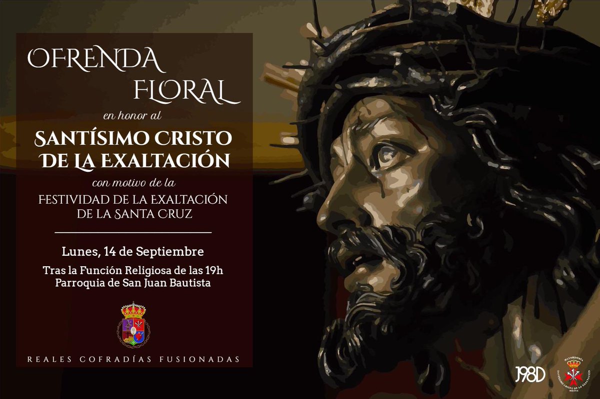 El próximo 14 de Septiembre, día de la Exaltación de la Santa Cruz, celebraremos nuestro tradicional culto en honor al Stmo. Cristo de la Exaltación. La Sección pondrá a disposición de los devotos claveles al precio de 1€, cuyo beneficio irá destinado a los distintos proyectos.