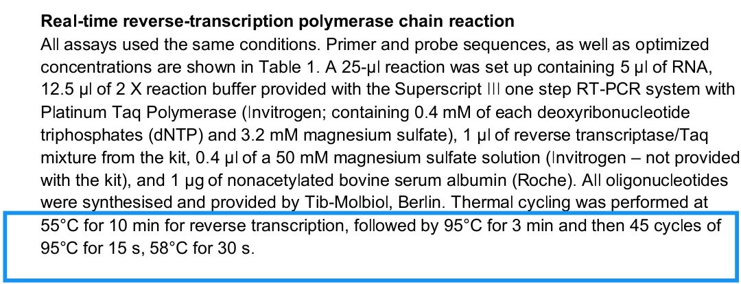 5/17Diagnostic detection of 2019-nCoV by real-time RT-PCR (Berlin, January)"All oligonucleotides were synthesised and provided by Tib-Molbiol, Berlin. Thermal cycling ...and then 45 cycles "Source WHO: https://www.who.int/docs/default-source/coronaviruse/protocol-v2-1.pdf