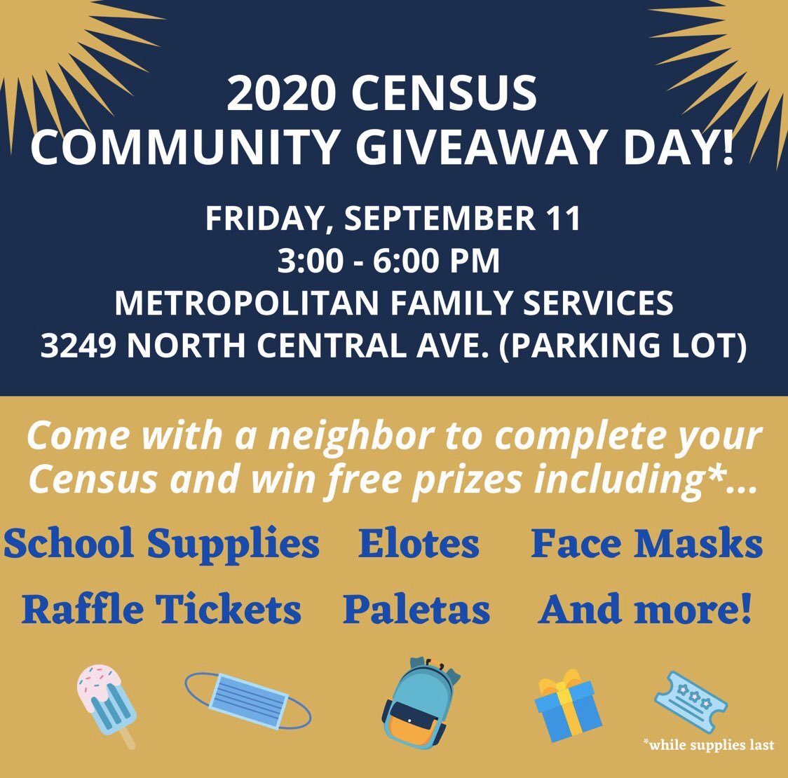 ChiCounts2020's tweet photo. Today!! 🚨 stop by this community giveaway hosted by @MetroFamChicago! Enjoy these goodies while you fill out your #census!! #chicounts2020 https://t.co/PgVJnk6GW3