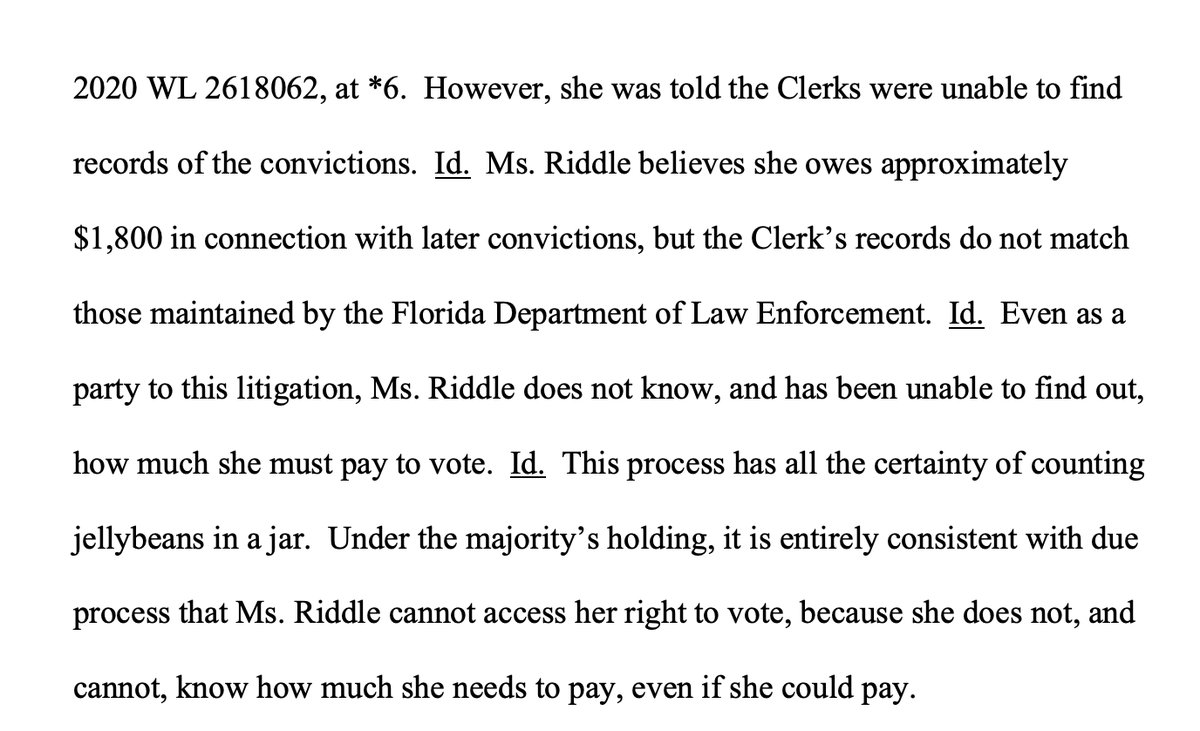 The majority asserts that it's fine for Florida to disenfranchise voters by creating a requirement to pay fines and fees and then refusing to tell them what they owe. Obviously, the idea that this is consistent with the 14th Amendment is absurd
