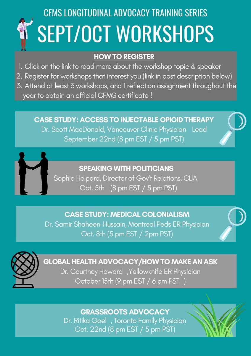 The <a href="/CFMSFEMC/">Canadian Medical Students</a> Longitudinal Advocacy Training Series just announced its Sep/Oct advocacy workshops for 🇨🇦medical students! To register for workshops or stay updated on this year's upcoming workshops, join our FB group facebook.com/groups/cfmsadv… or mailing list bit.ly/CFMSAdvocacyMa…