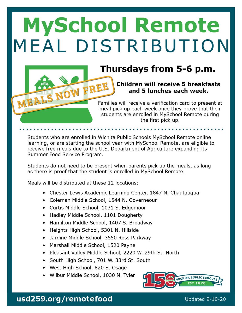 All WPS students are now eligible to receive free meals through December, due to the U.S. Dept. of Agriculture expanding its Summer Food Service Program. We've also expanded the MySchool Remote meal program to 12 pick-up sites. Learn more at bit.ly/3b67FqH