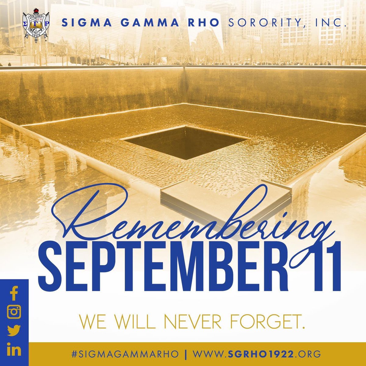MuSigmaChapter's tweet photo. We will never forget.
#SigmaGammaRho #SGRho #September11 https://t.co/q7nMybG9My