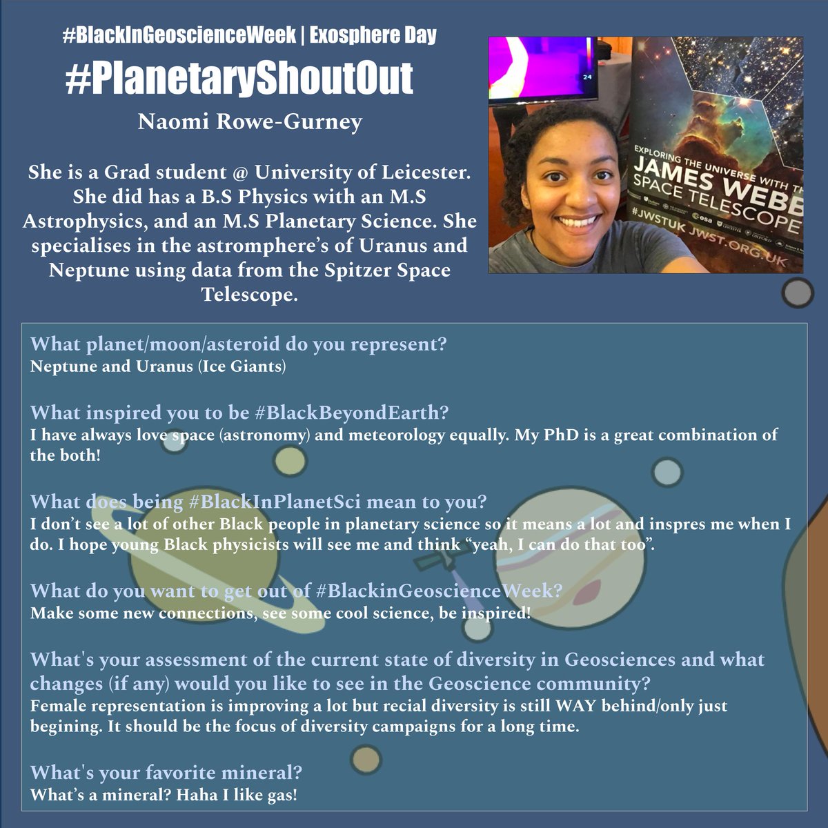 BlkinGeoscience's tweet photo. This #PlanetaryShoutOut goes out to
@NRoweGurney!
#BlackinGeoscienceWeek #BlackBeyondEarth #BlackInPlanetary #BlackAndNotEarthbound #BlackInAstroGeo #BlackInSpace #BlackInAstrogeology #BlackInPlanetSci https://t.co/AAYxRJGHig