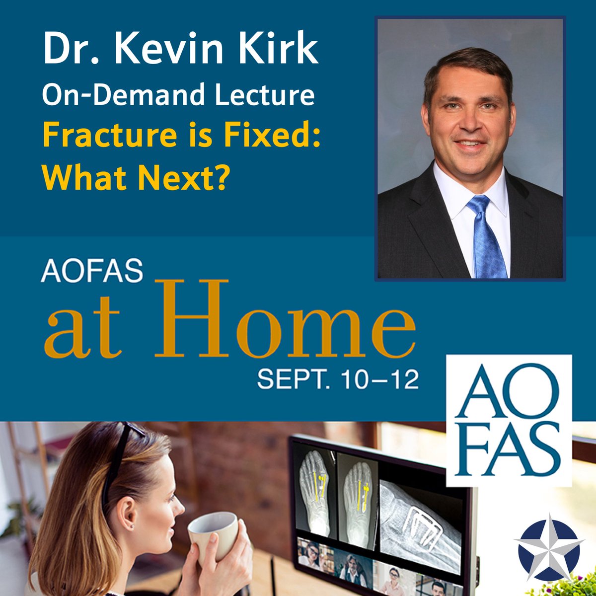 TSAOG_Ortho's tweet photo. @kkirkOrthodoc is connecting with colleagues virtually this year during @AOFAS at Home, September 10-12th!
His On-Demand Lecture is called “Fracture is Fixed: What Next?” and you can register or get more information by clicking the link!! https://t.co/HRG9Bi7YBz #AOFAS2020 https://t.co/KdxCqZJxqK