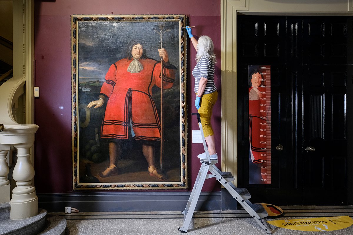 photogregmartin's tweet photo. Ahead of reopening tomorrow for the first time since January, there were last minute preparations at Royal Cornwall Museum today. The height of Anthony Payne, a Cornish giant well over 2m tall, will be used as a reminder for visitors to maintain social distancing. @CornwallLive https://t.co/hMjY957QQ6