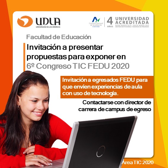 TICFID_UDLA's tweet photo. Invitamos a todos nuestros estudiantes de la Facultad de Educación y a nuestros egresados a participar presentando sus propuestas.
@FeduUdla @UDLA_CL @PeddUdla @EnUdla @PedBasicaUDLA @PefUdla 
#UDLAChile #Educación #Pedagogía #profesores https://t.co/QQFgBMg7nb