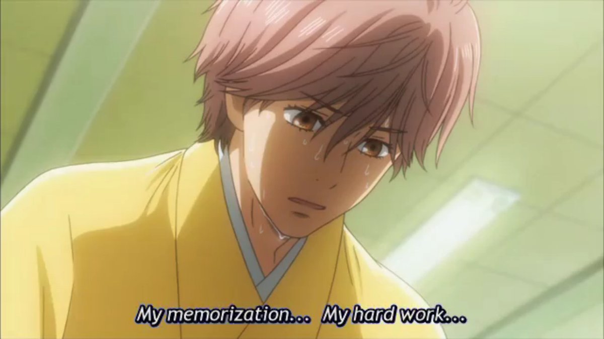 He quite literally can only reach the top in love, in karuta, and in himself through brutal hard work and endurance. Enduring Chihaya's selfishness. Enduring the many losses on the road to Class A and to becoming Master. Enduring still appeasing his family in academics.