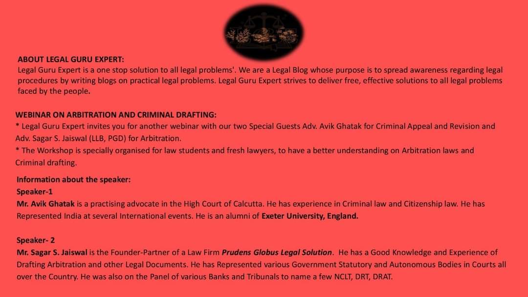 TheLawClubb's tweet photo. Workshop on Legal Drafting on Arbitration Drafting and Criminal Appeal and Revision Drafting by Legal Guru Expert

(Register by September 18th )

Registration Link:
https://t.co/dfBws0Kdqw https://t.co/EDVyyJl3L0