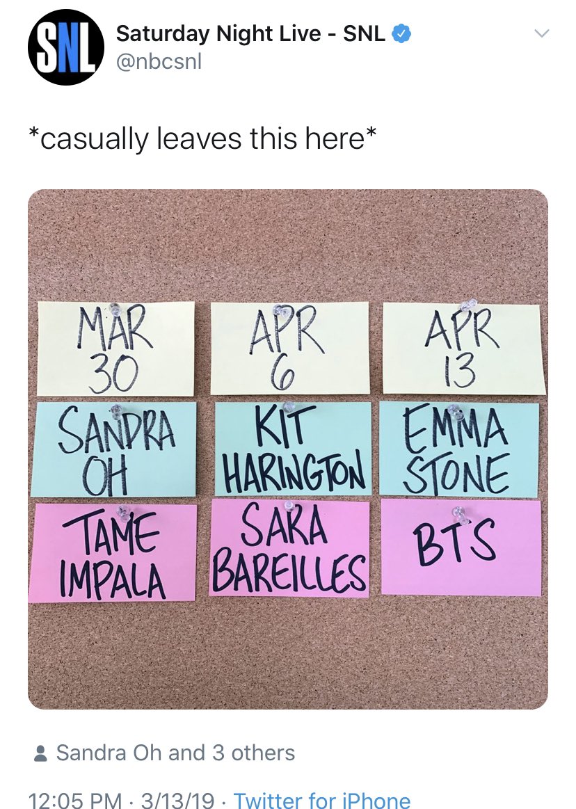 Remember when this happened & we collectively lost our minds? Performance teased on 03/13 & COMEBACK STAGE on 04/13/19Epic  Drop dance break on the tiny SNL stage & OT7 snatching hearts with Boy With Luv, many baby armies birthed that night  @BTS_twt 