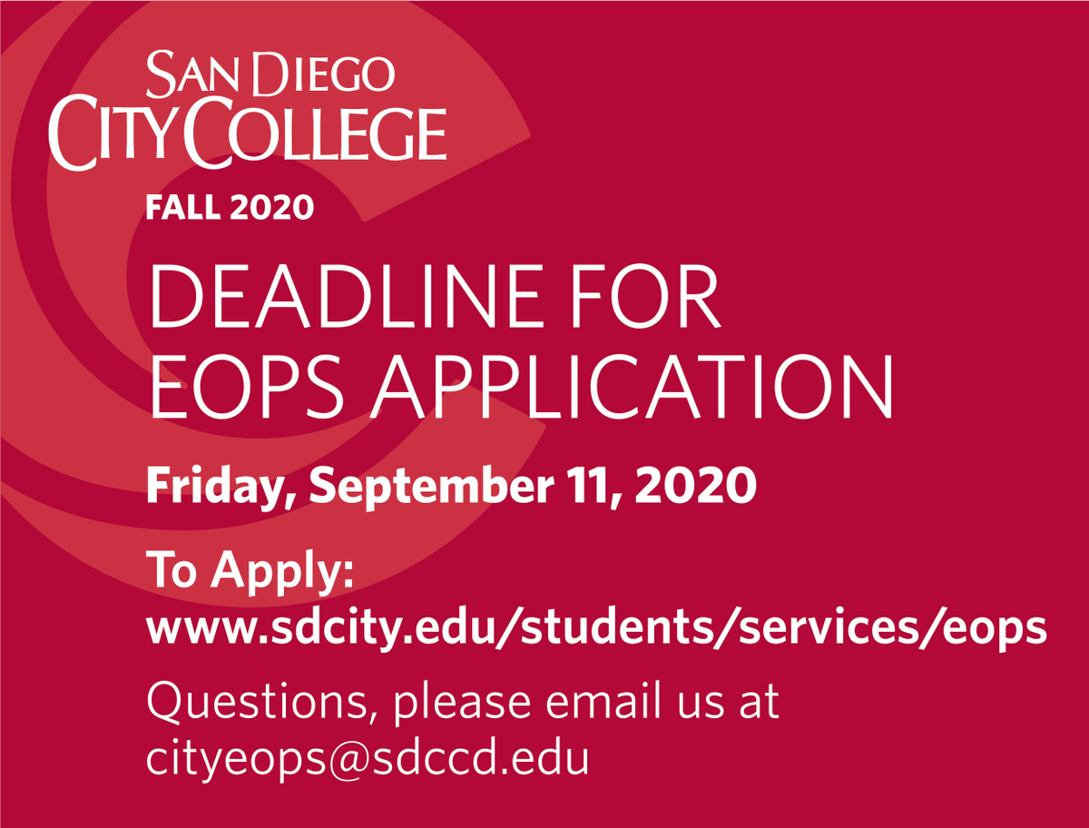 Deadline For EOPS Application
Today, September 11, 2020
To Apply: sdcity.edu/students/servi…
Questions, please email us at cityeops@sdccd.edu
#sharecity #iamcitycollege