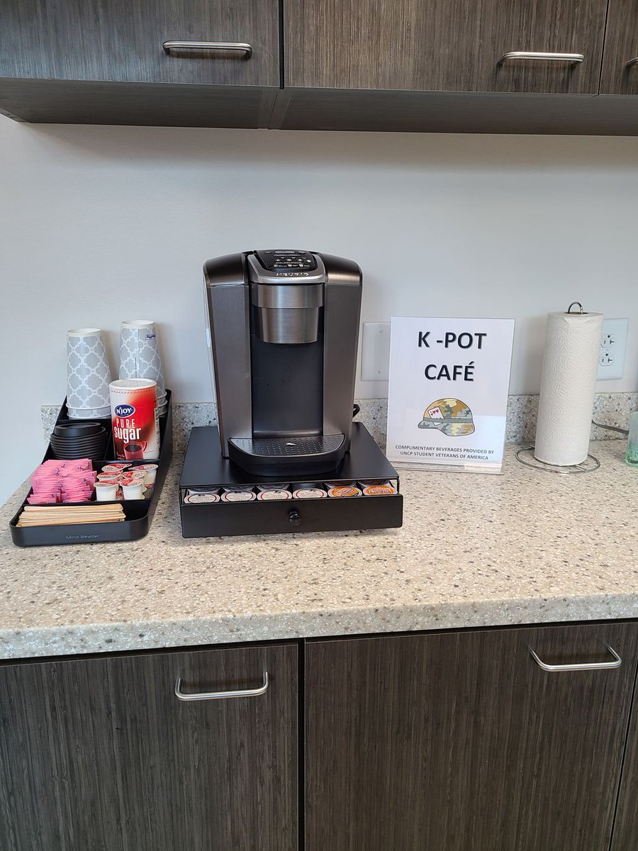 UNCP_Mil_Vet's tweet photo. The UNCP Student Veterans of America Chapter has partnered with our Academic &amp; Military Outreach team to provide complimentary beverages for visitors to the Rally Point Veterans Resource Center #uncp #bravenation #veterans #military https://t.co/Wf3il5rq03
