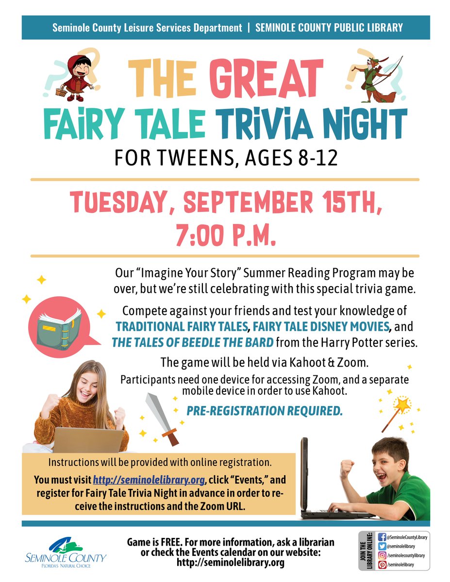 SeminoleLibrary's tweet image. The Great Fairy Tale Trivia Night is coming!
