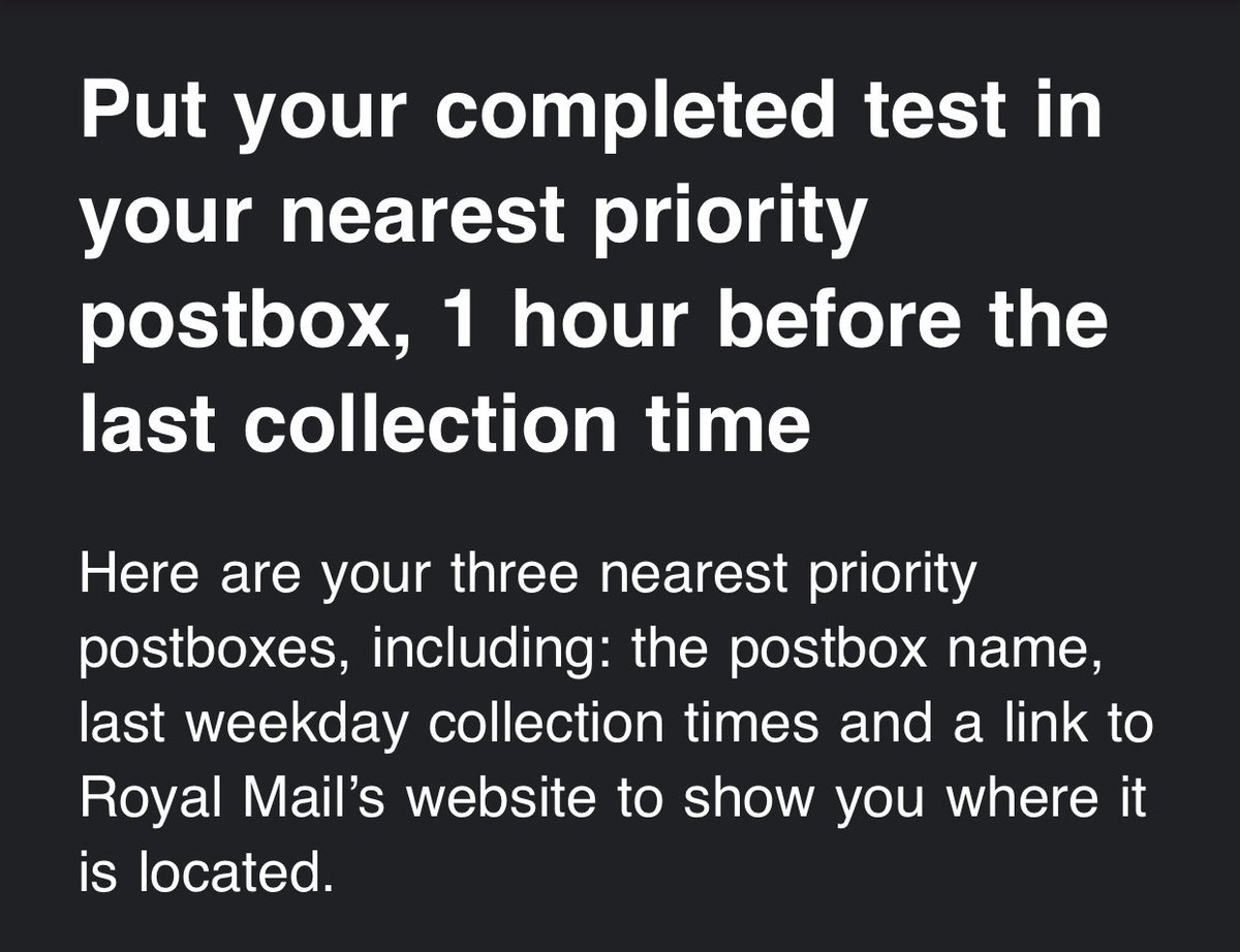 Update: A home testing kit is set to arrive tomorrow. 😭🙌🏼 But...

If it doesn’t get here by 10.30am (unlikely), then I can’t send it back until Monday. 🤦🏻‍♀️

The “priority postboxes” close at midday on Saturdays and you can’t post the tests back on Sundays... 🤷🏻‍♀️

#testingshambles