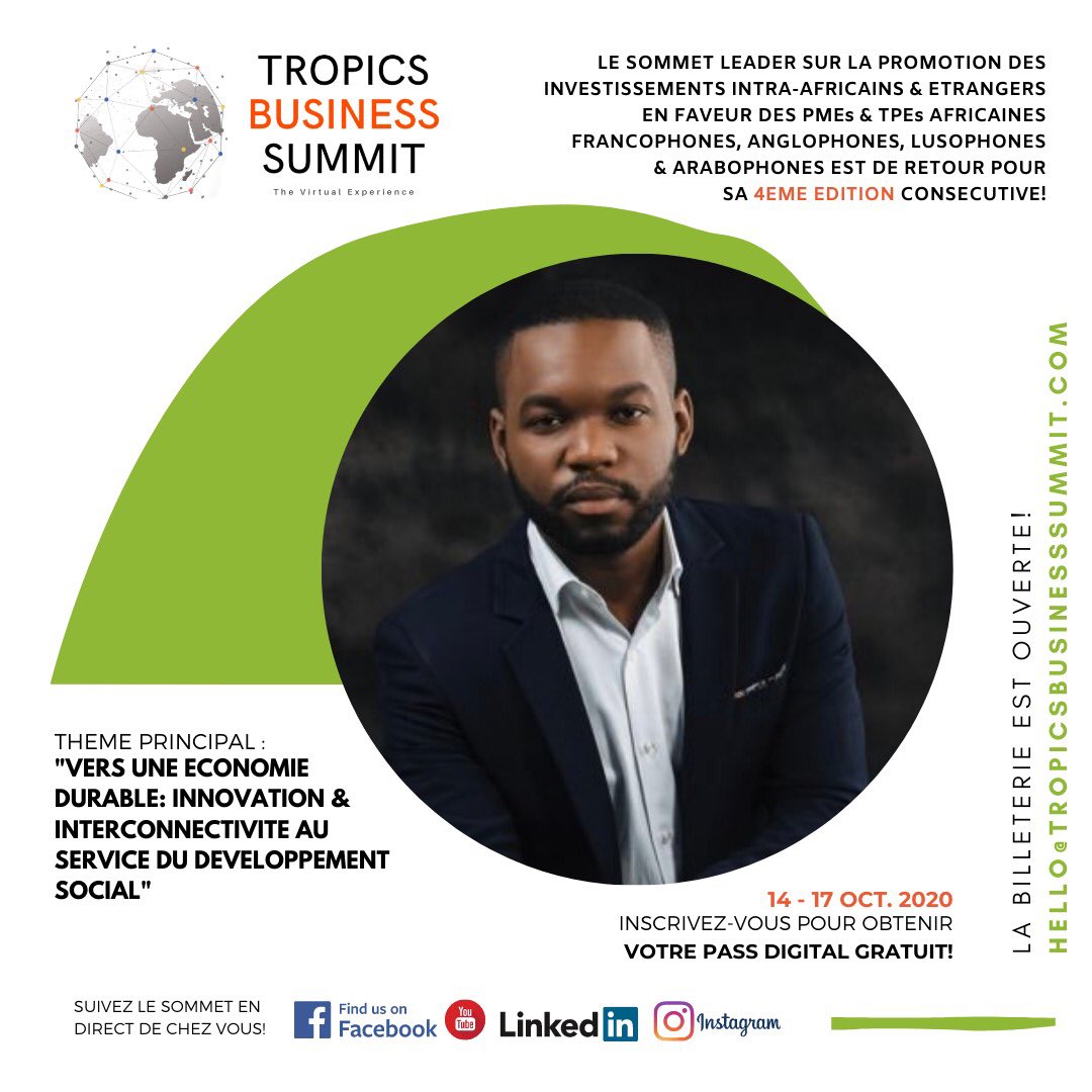 VeniciaGuinot's tweet photo. @tropicsbusiness @resetglobalpeop @TropicsMagazine @TonyOElumelu @BBGAfrica @ForbesWomanAfri @cnbcafrica @robertaannan @DisruptAfrica @africaDnews @NAkufoAddo @PresidencyZA @VenturesAfrica @BillClinton @VoiceOfCongo @jeune_afrique @JA_Eco @Forbes_Afrique @TropicsSummit @TropicsGroup @TheGGDA @GovernmentZA @NdzaviDerrick @AfrAsiaMRUOpen @sbmmauritius @airmauritius @Face2faceAFRICA @Ladybrille @m_ajohnson @RTMediaComms @BisilaBokoko @PaulKagame @SongweVera @TropicsFood @vanessaperumal @dreamday42 @ECAfrica_ZA @thefashionbomb @bellanaijastyle @FashionGhana @SheInspiresHer @Moguldom @Terangaweb @forbesafrica @CamaraTigui @JJNYEMB @AmandaBlackSA @ChPandanzyla @aguribfakim #TeamDRCongo is in the house! 🇨🇩
Join @herve_elie at the 4th annual #TropicsBusinessSummit - The Virtual Experience
Mark your calendars &amp; join us from 14-17 Oct 2020 live at https://t.co/rfVM5ovnHc - Stay safe, watch #TropicsSummitFromHome.
#Africa #Afrique #Investors #Startup https://t.co/0wBrqGJgT7