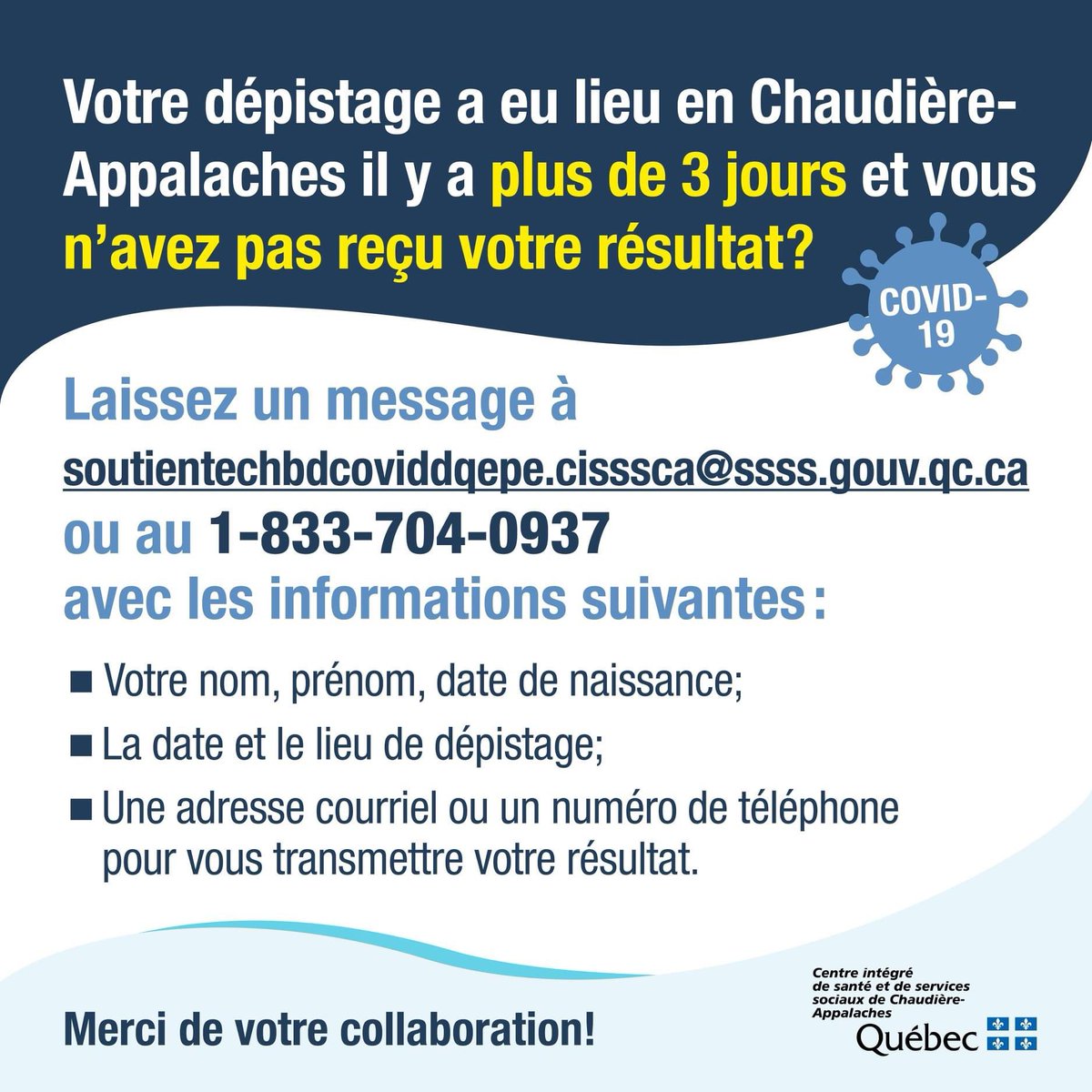 BenjaminAubert's tweet image. Le CIUSSS de Chaudière-Appalaches a choisi l’adresse courriel la plus simple au monde pour que les gens qui n’ont pas reçu leur résultat de test COVID-19 depuis plus de trois jours s’en informent...