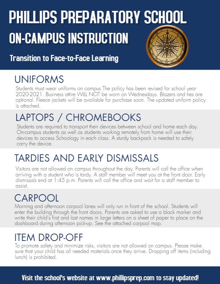 Return (face-to face) or Remote (at home)? Phased transition schedule for on-campus learning: 9/14 - Special Education Students (self-contained) 9/21 - Grades PreK, K, 1, 6, and 9 9/28 - Grades 2, 3, 4, 7, and 11 10/5 - Grades 5, 8, 10, and 12 Updates at phillipsprep.com