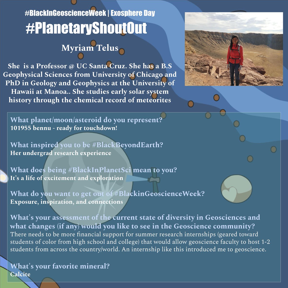 BlkinGeoscience's tweet photo. This #PlanetaryShoutOut goes out to @EpsUCSC!
#BlackinGeoscienceWeek #BlackBeyondEarth #BlackInPlanetary #BlackAndNotEarthbound #BlackInAstroGeo #BlackInSpace #BlackInAstrogeology #BlackInPlanetSci https://t.co/aSR3hxIkOv