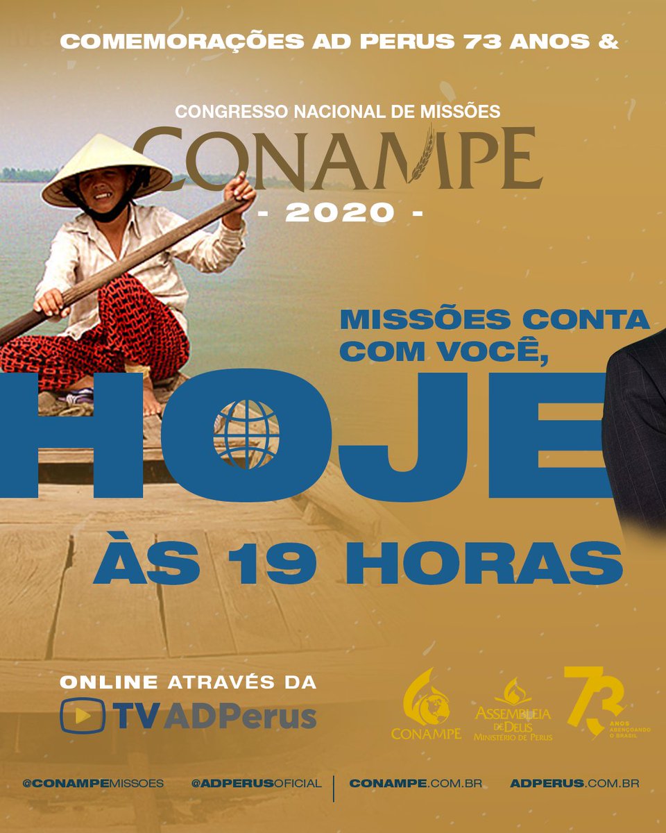 adperusoficial's tweet photo. Missões conta com você, HOJE!
🙌 A partir das 19 horas uma programaçÃo especial em comemoração aos 73 anos da AD Perus e Congresso Nacional de Missões CONAMPE 2020.
Fique ligado nos nossos canais digitais:
👉 https://t.co/12iP28jvXh
#adperus #conampe #73anos https://t.co/3IFxJOH2sO