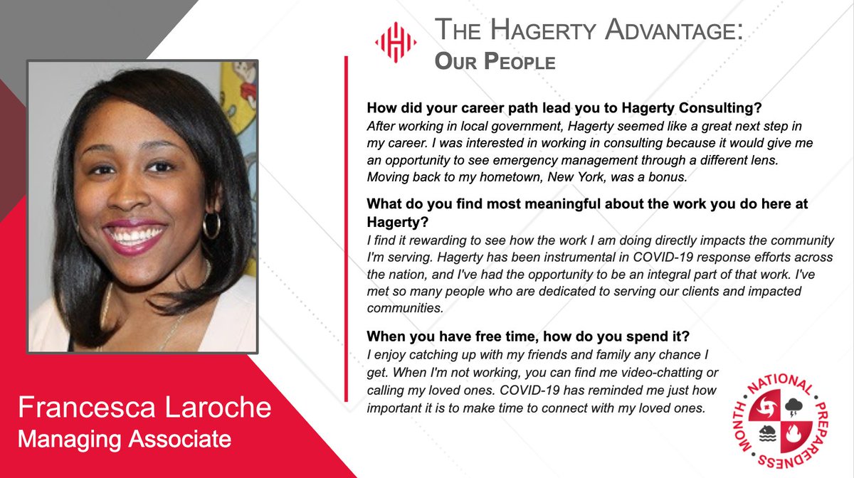 HagertyConsult's tweet photo. As September is #NationalPreparednessMonth, we are highlighting Hagerty employees working to support our clients’ disaster #preparedness needs. Today, on #DisasterDiscourse we feature Francesca Laroche and Kris Ledins, click here to read more: https://t.co/2CFUXLoLcG https://t.co/XRDgjwszFn