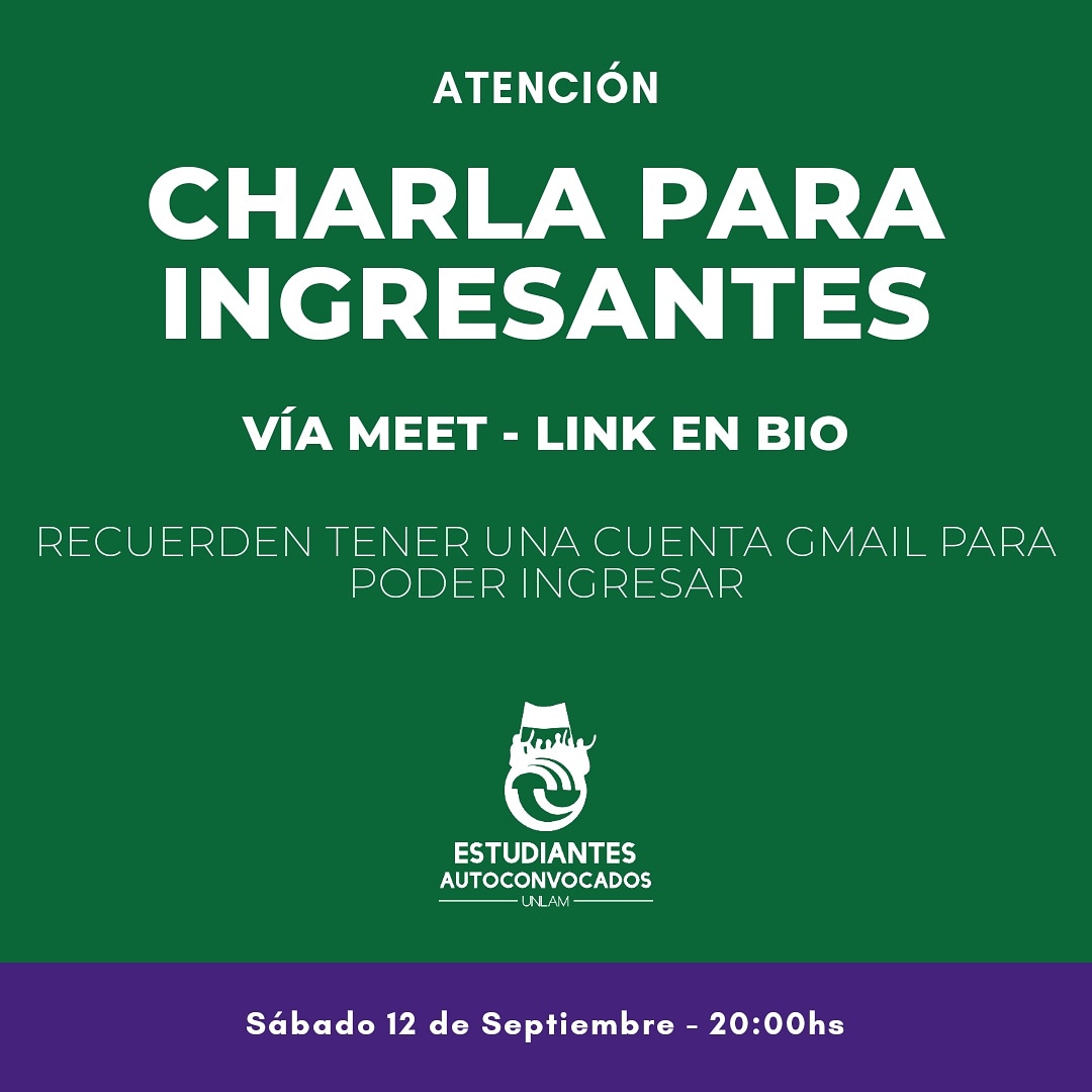 EAUNLaM's tweet photo. La charla para ingresantes se realizará este sábado a las 20:00hs, vía Meet. Recuerden que para usar la plataforma deben tener una cuenta Gmail. 

Dejamos el link en la Biografía. 

Lxs esperamos!

#Ingresantes2021 #UNLaM #EstudiantesAutoconvocados #EstudiantesComoVos https://t.co/ifMvXf9MDF