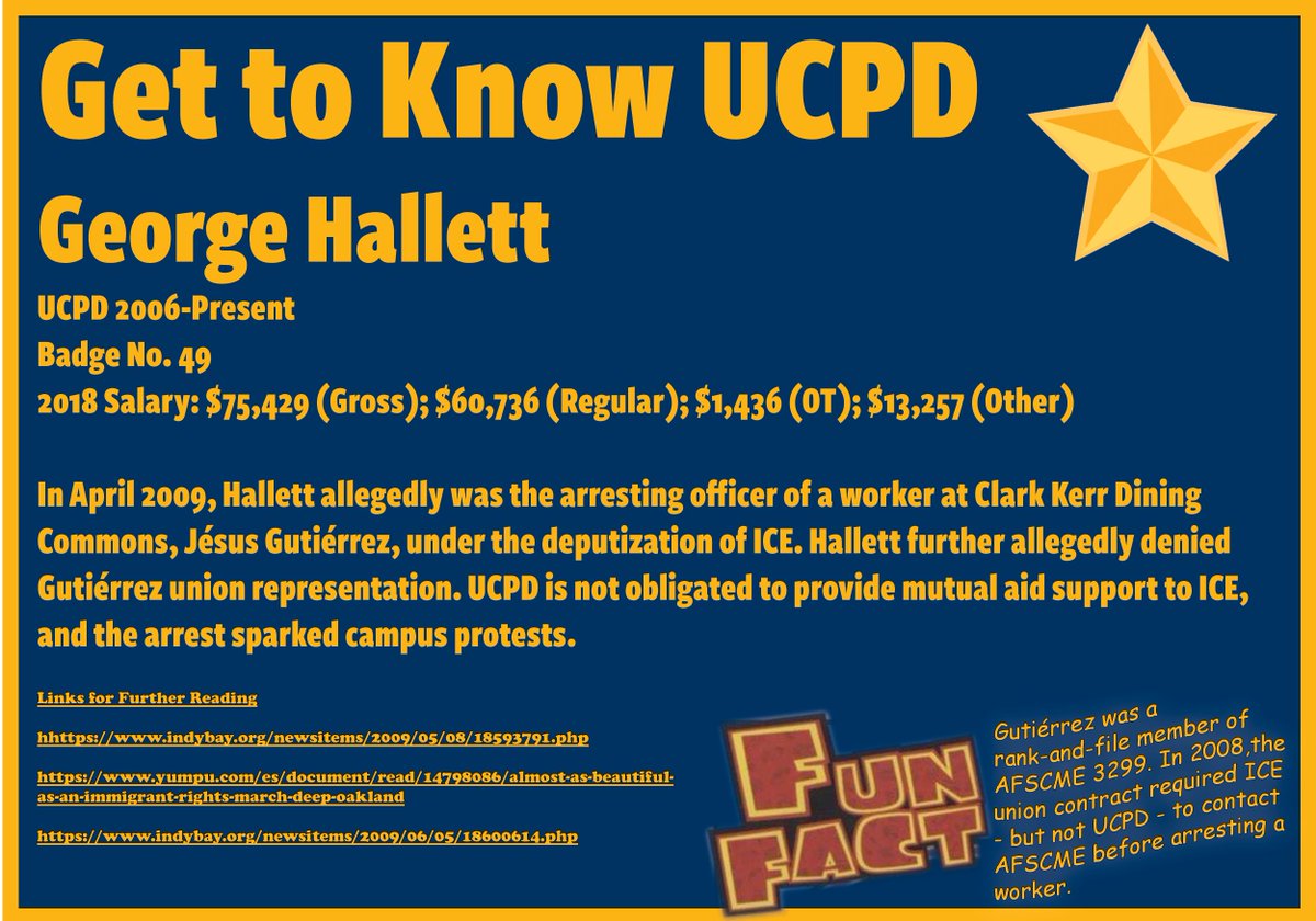 In 2009, UCPD officer George Hallett arrested an AFSCME activist and UCPD dining hall worker on behalf of ICE on UCB campus. "ICE regulations ‘run counter to our values,’" Berkeley's leaders claim.  #ok  #acaberkeley  https://news.berkeley.edu/2020/07/08/new-ice-regulations-run-counter-to-our-values-berkeley-leaders-say/