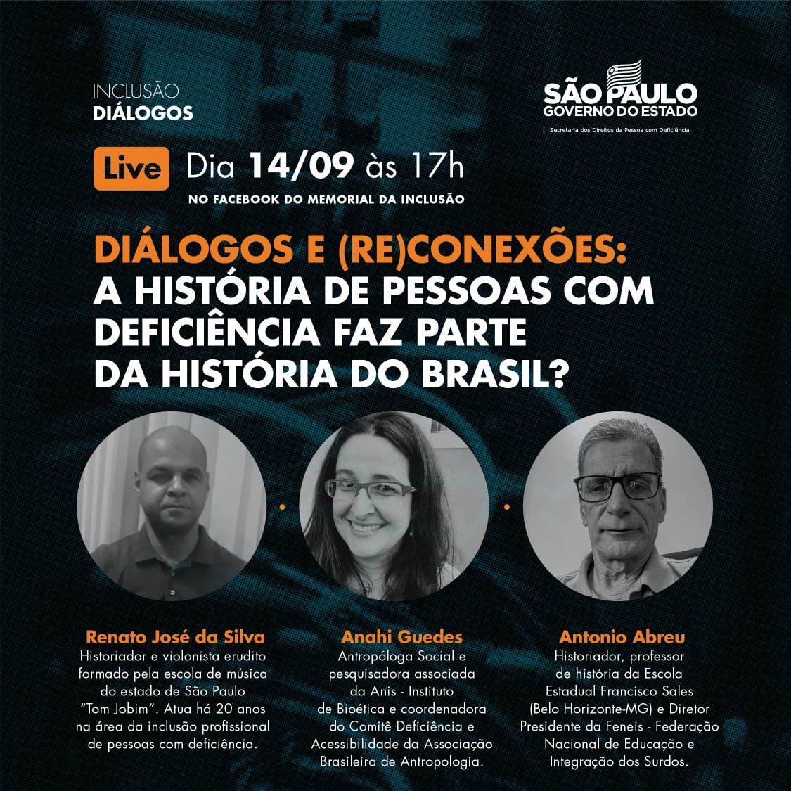 museudainclusao's tweet photo. No dia 14/09, o Memorial da Inclusão estará online para mais um encontro do “Diálogos e (Re)conexões", que tem o objetivo de aproximar diferentes gerações de grupos, coletivos e militantes que atuam em prol da garantia de direitos das pessoas com deficiência. https://t.co/Lm7cCdXV8N