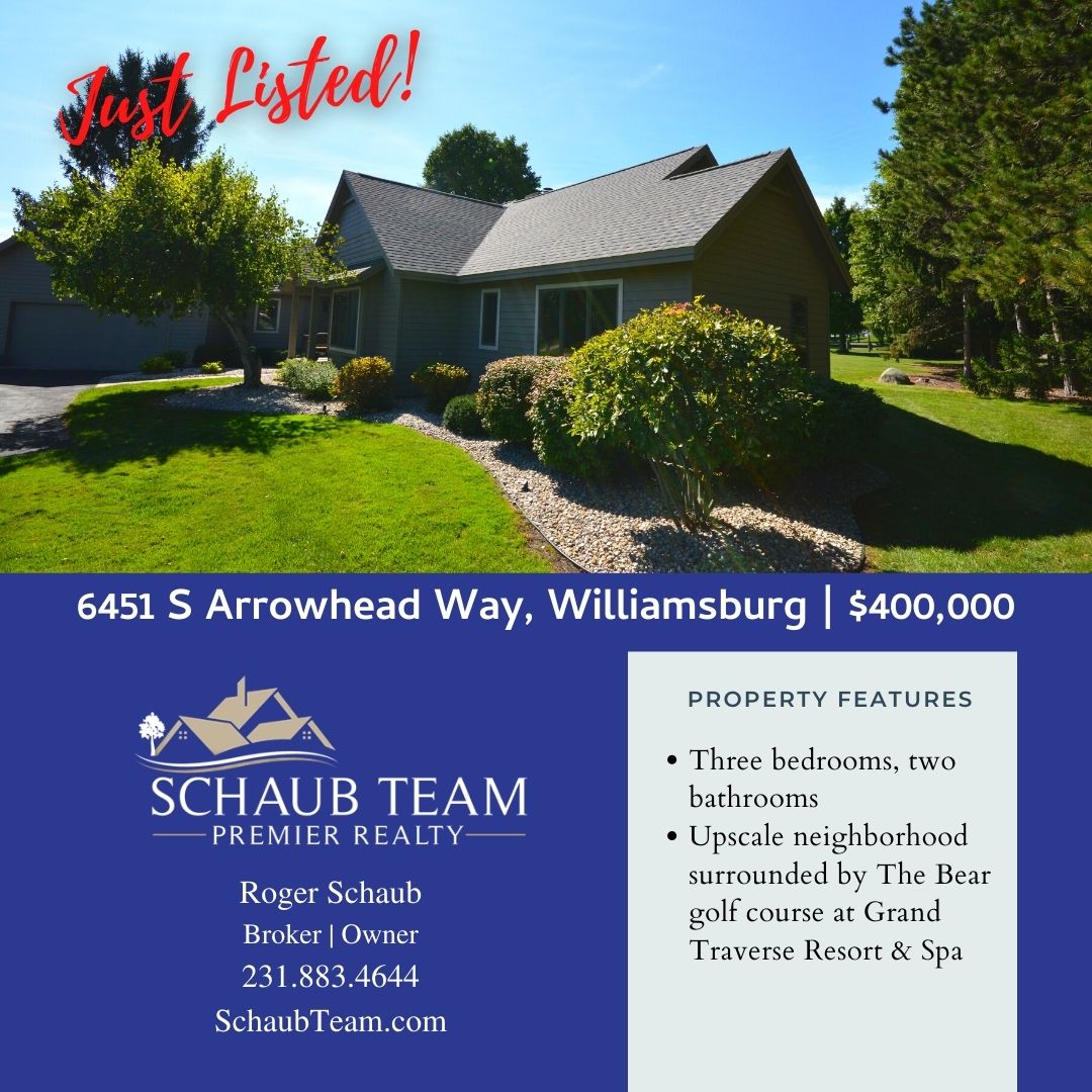 Just Listed!  6451 S Arrowhead Way, Williamsburg $400,000

Resort living in an upscale neighborhood surrounded by The Bear, a Jack Nicholas golf course at Grand Traverse Resort & Spa.
Click for more info ow.ly/Zmsa50Bozvs

#SchaubTeamPremierRealty
#GrandTraverseResort