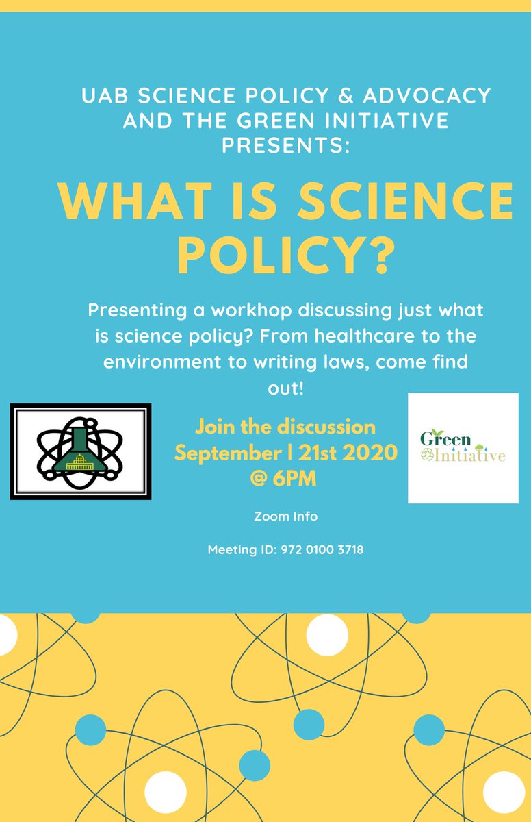 ⚗️⚖️❓ So what is science policy? Are you intrigued? Join UAB Science Policy &amp; Advocacy together with the Green Initiative on September 21st to find out more! ⚗️⚖️❓