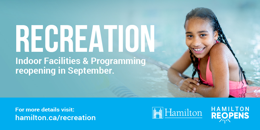 cityofhamilton's tweet photo. We’re excited to announce Recreation programs and indoor facilities are re-opening September 14. We look forward to welcoming you back, #HamOnt! For more details and information on modified programs, visit: https://t.co/ouRmYByWsF. #HamiltonReopens https://t.co/Fynh0Pgt2a