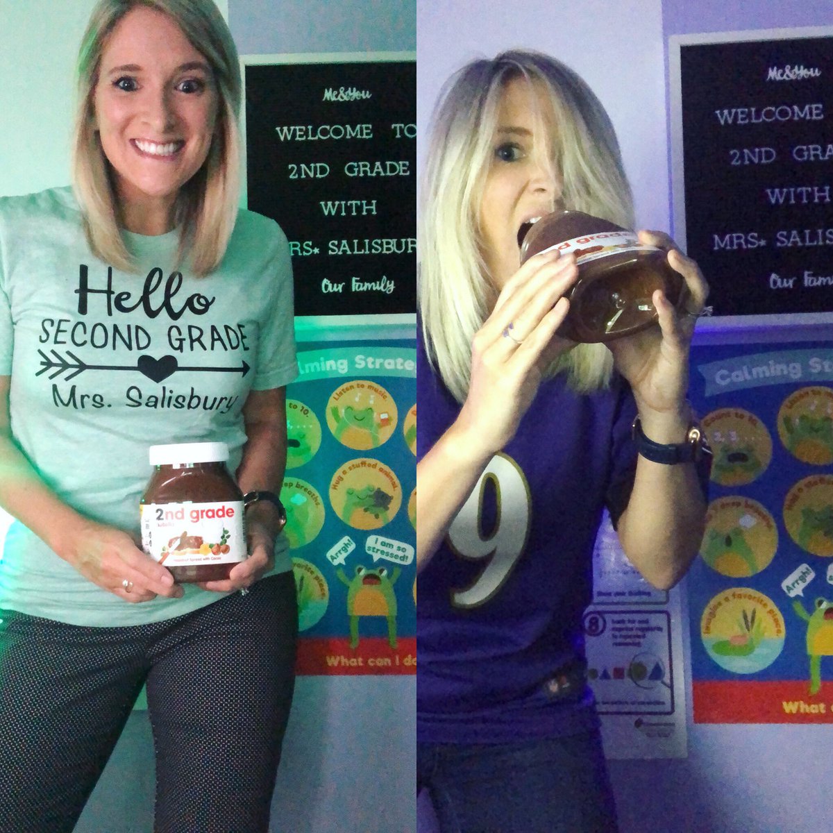ksalis11's tweet photo. Teacher at the beginning of the first week of school vs. teacher at the end of the first week of school! Ready to devour the whole container of 2nd grade @nutella!!! @Ravens @jtuck9 @VillaCrestaElem #virtuallearning #brainisfried #pullingmyhairout #needthatchocolate #purplefriday https://t.co/uiZ9ml9D4e