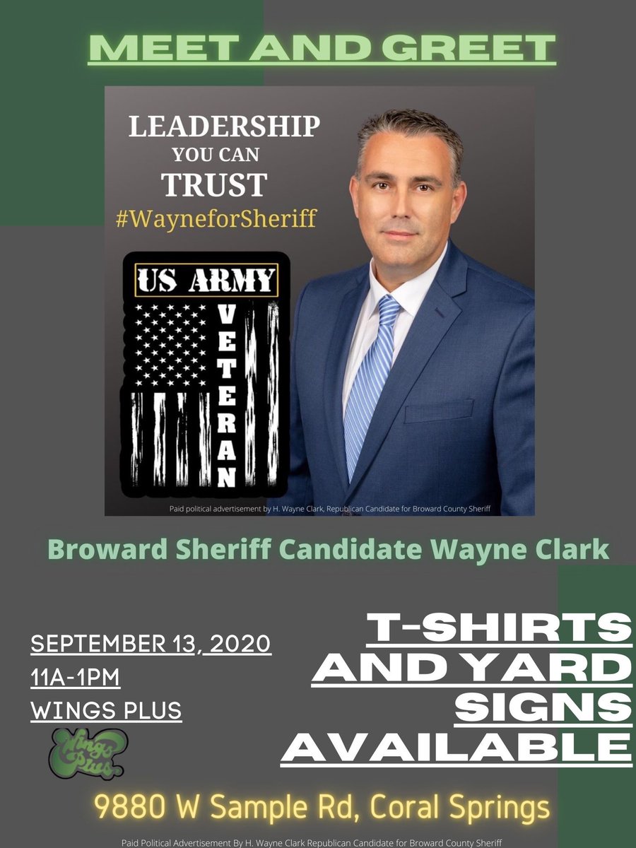 HWayneClarkJr's tweet photo. Amazing weekend coming up. Join us Sunday at Wing’s Plus in Coral Springs from 11:00am to 1:00pm. 

You can also learn more about my platform and DONATE at https://t.co/XJK5Lffsjc

#wayneforsheriff
#safetyisnonpartisan
#readytolead https://t.co/WB06XTGToP